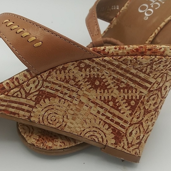 Franco Sarto Tan Tribal Design Loop Strap Leather Round Open Toe Wedge Sandal - Picture 13 of 15